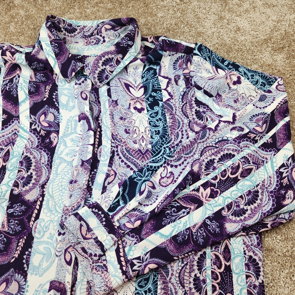 Chicos Purple Paisley Striped Button Down Tunic Blouse Womens Size 2 L 12-14